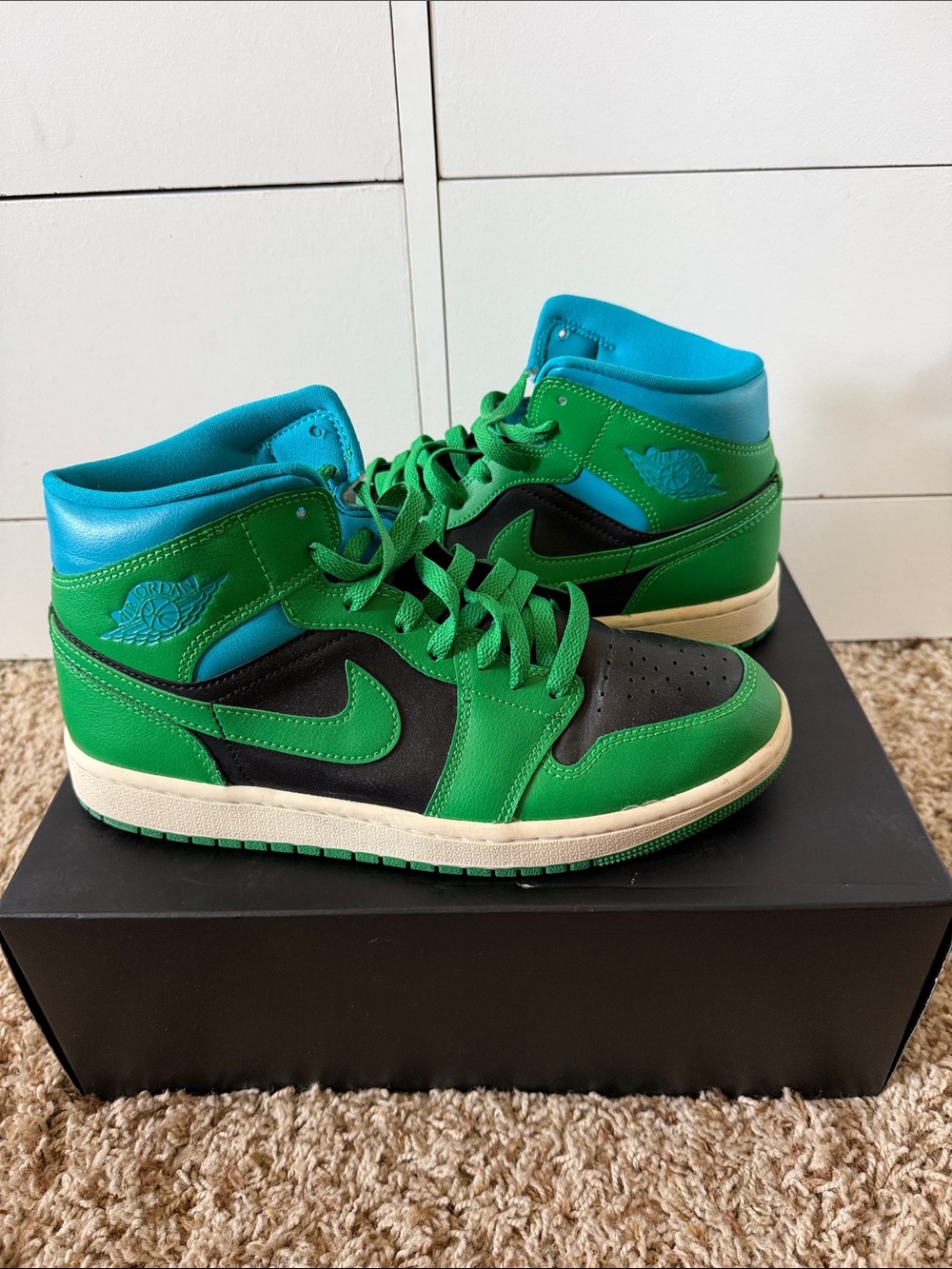 Nike Women’s Air Jordan 1 Mid ‘Lucky Green Aquatone’ Sneakers - Picture 2 of 4